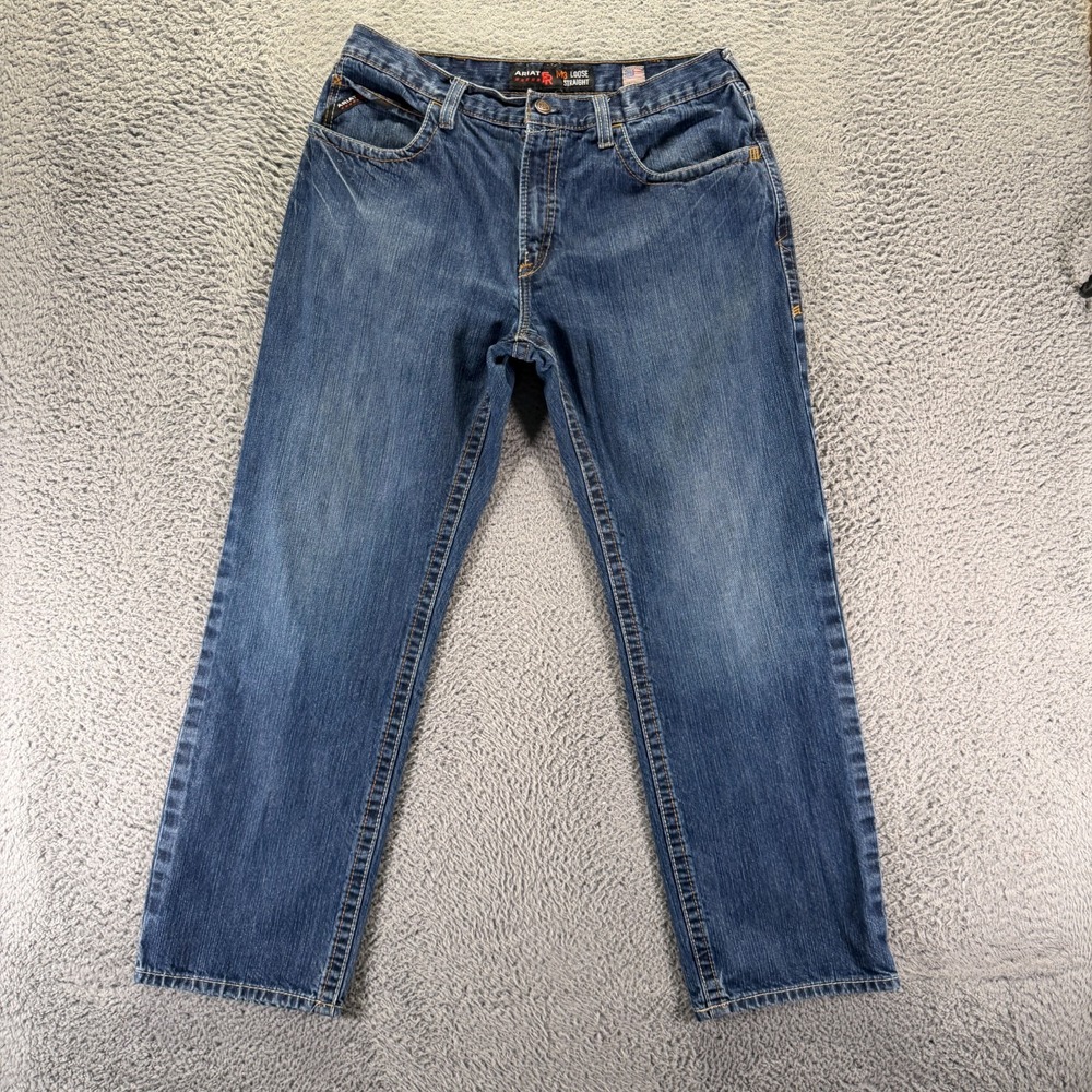 Ariat M3 Jeans Mens 35x30 Blue Cotton Denim Straight Faded Travel Workwear FR